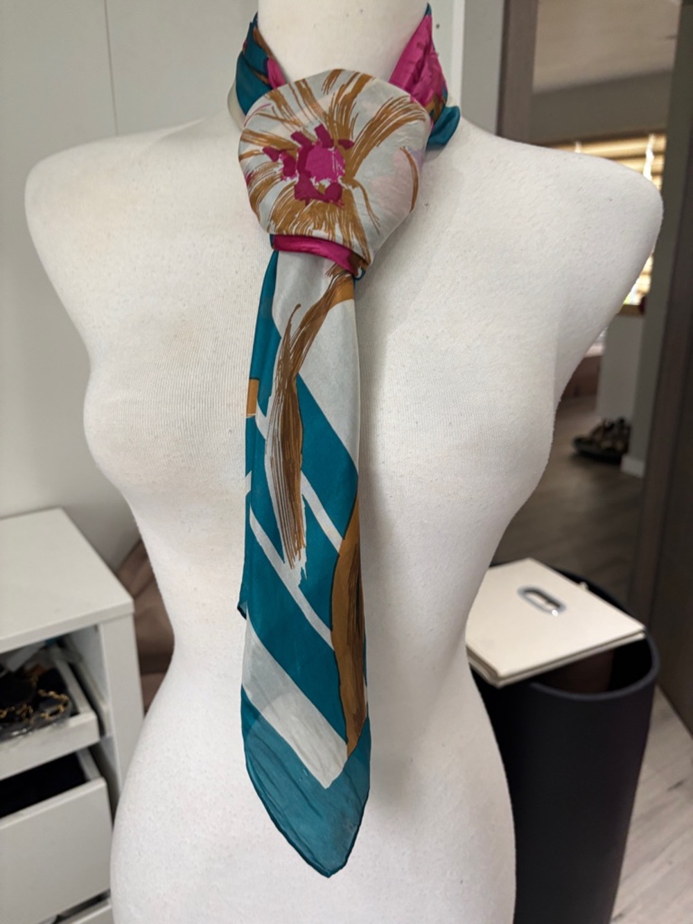 Silk Floral Teal & Pink Neck Scarf - Picture 4 of 10